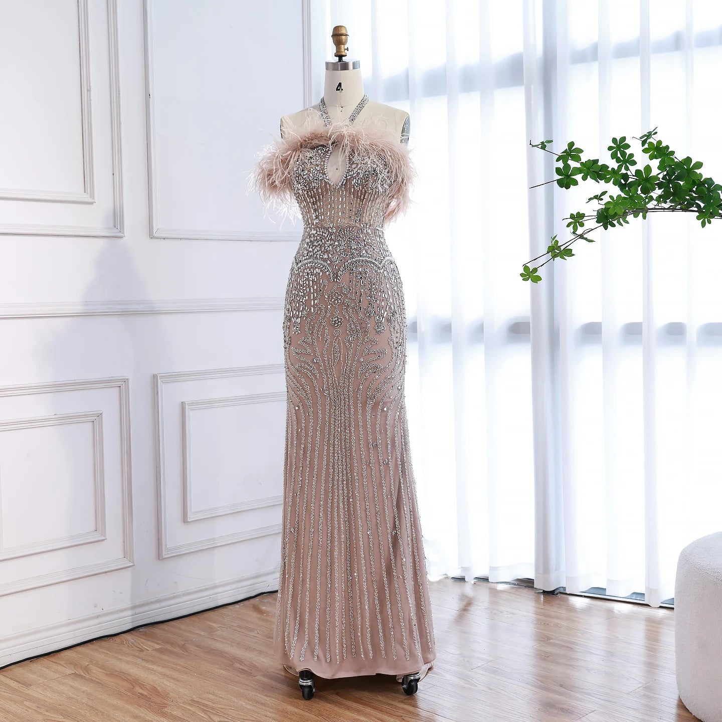 Luxury Nude Halter Feather Crystal Evening Dress LA73349 Nude / 6