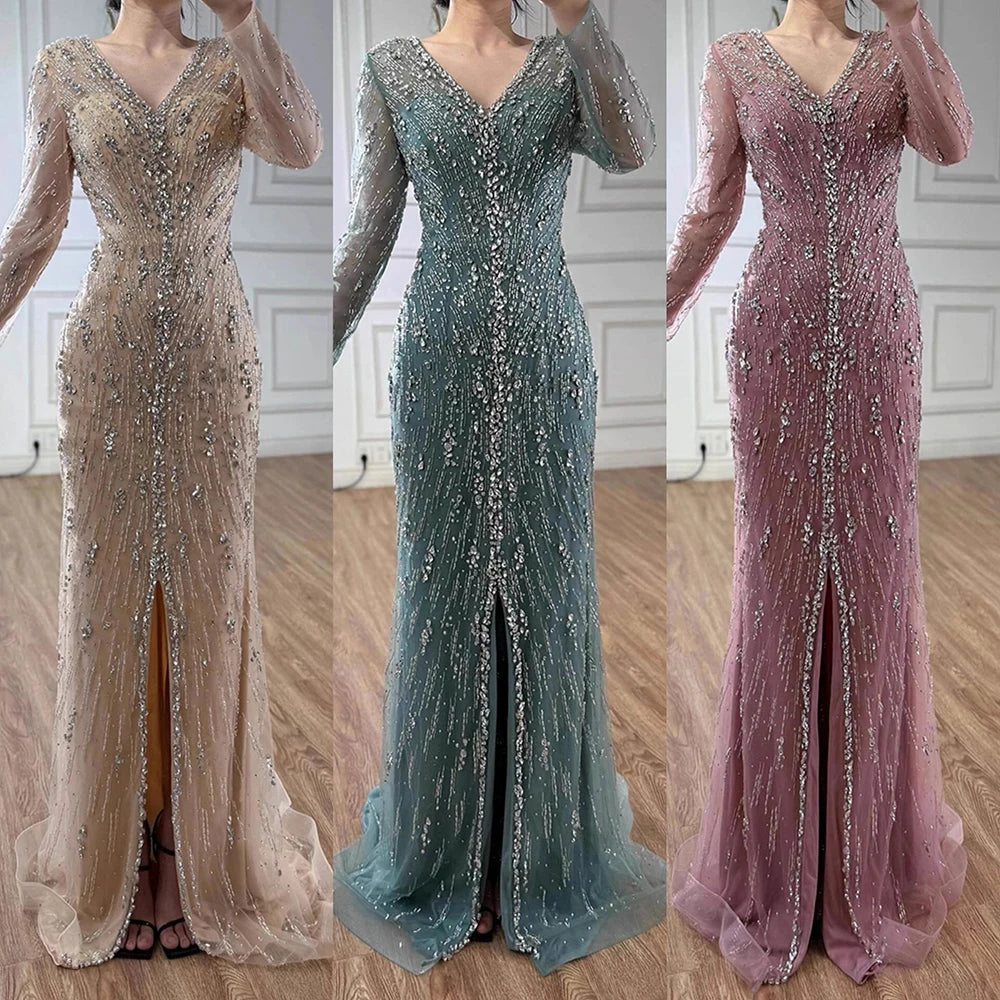 Luxury Turquoise Crystal Beaded Evening Dress Elegant Slit Gown LA73179 - SERENE HILL