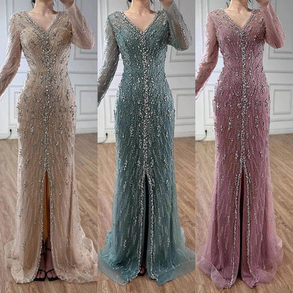 Luxury Turquoise Crystal Beaded Evening Dress Elegant Slit Gown LA73179 - SERENE HILL