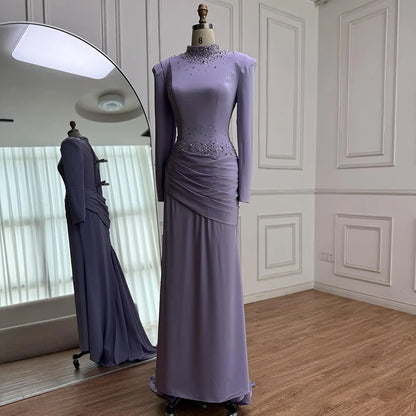 Luxury Muslim Modest Lilac Beaded Long Sleeve Evening Dress LA73093 - SERENE HILL