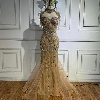 Luxury Nude Beaded High Neck Mermaid Evening Dress LA72897 - SERENE HILL