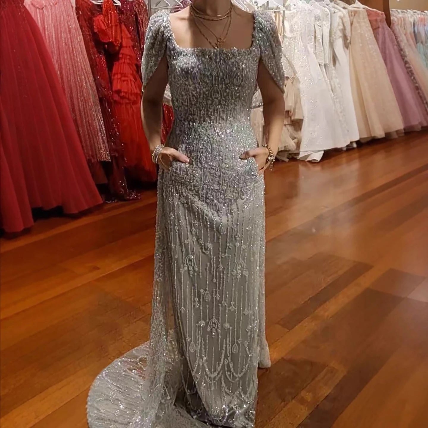 Luxury Turkish Grey Beaded Mermaid Evening Dress With Cape LA73357 - SERENE HILL