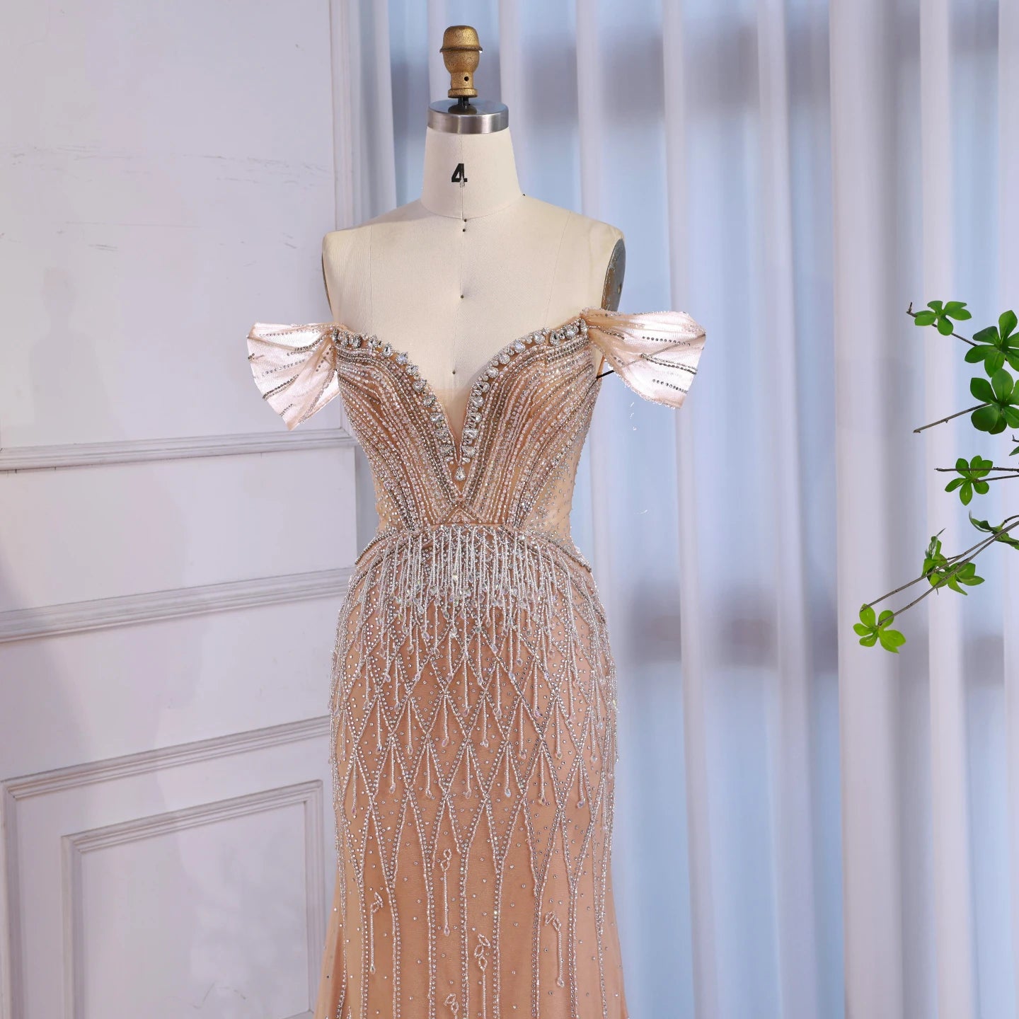 Luxury Nude Off Shoulder Beaded Tassel Evening Dress LA72854A - SERENE HILL
