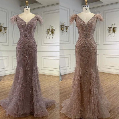 Luxury Designer Pink Feather Beaded Mermaid Evening Dress LA73098 - SERENE HILL