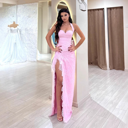 Luxury Pink Lace Halter Saudi Arabic High Split Evening Dress LA73372 - SERENE HILL