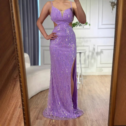 Luxury Purple Sequin Prom Dress with Slit and Cutout Waist LA73000 - SERENE HILL