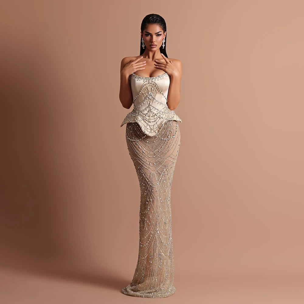 Luxury Nude Beaded Mermaid Evening Dress LA73166 - SERENE HILL