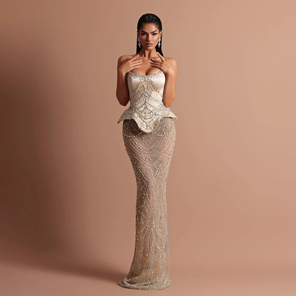 Luxury Nude Beaded Mermaid Evening Dress LA73166 - SERENE HILL
