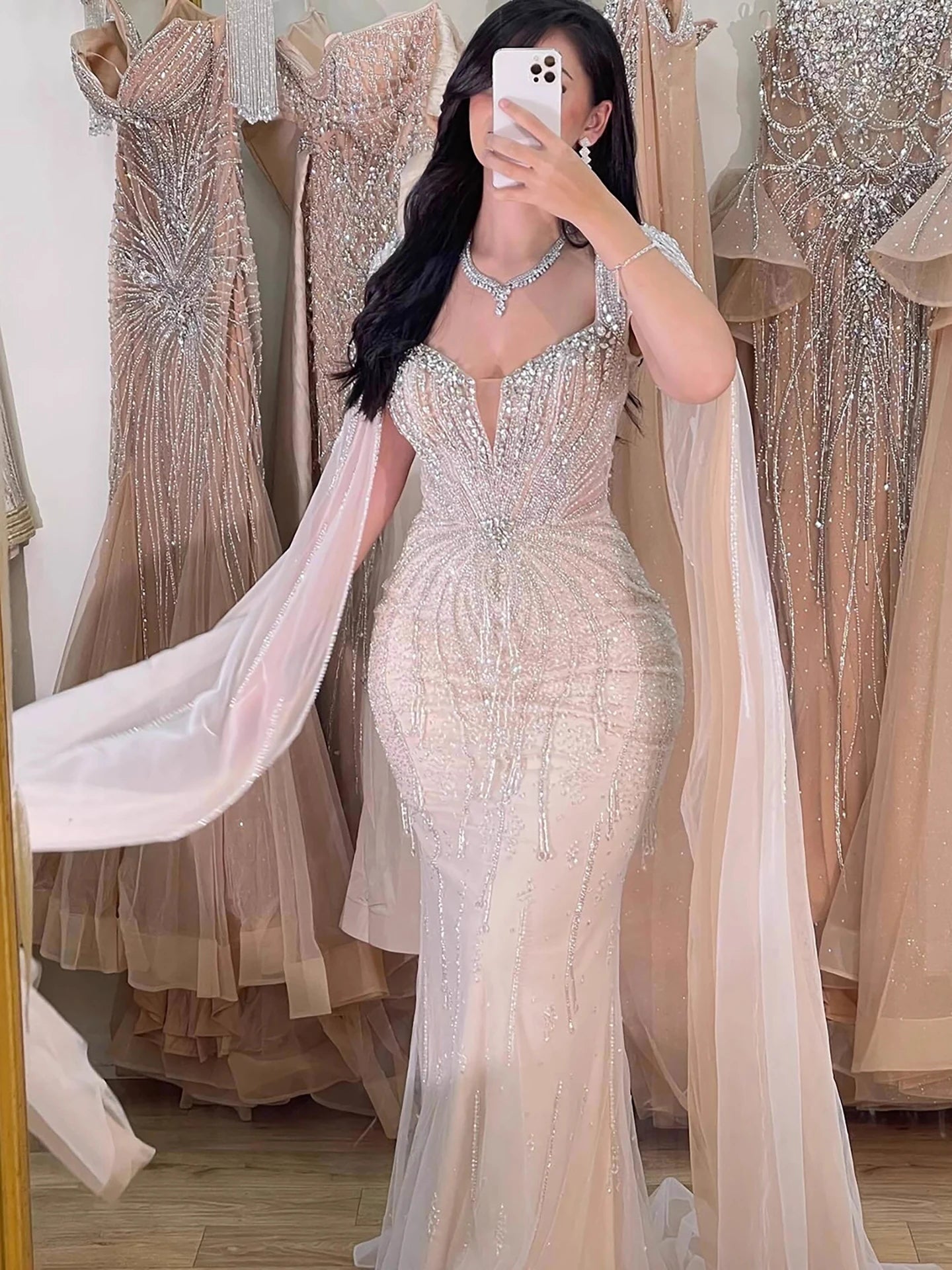 Luxury Designer Beige Beaded Evening Dress with Cape Sleeves LA72992 - SERENE HILL