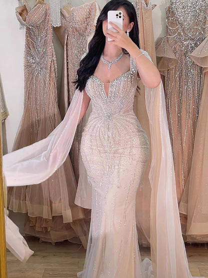 Luxury Designer Beige Beaded Evening Dress with Cape Sleeves LA72992 - SERENE HILL
