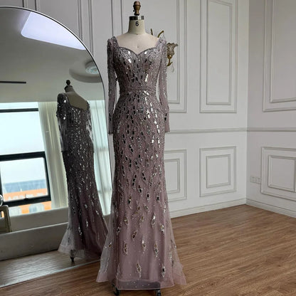 Luxury Black Silver Sequin Long Sleeve Mermaid Evening Dress LA73113 - SERENE HILL