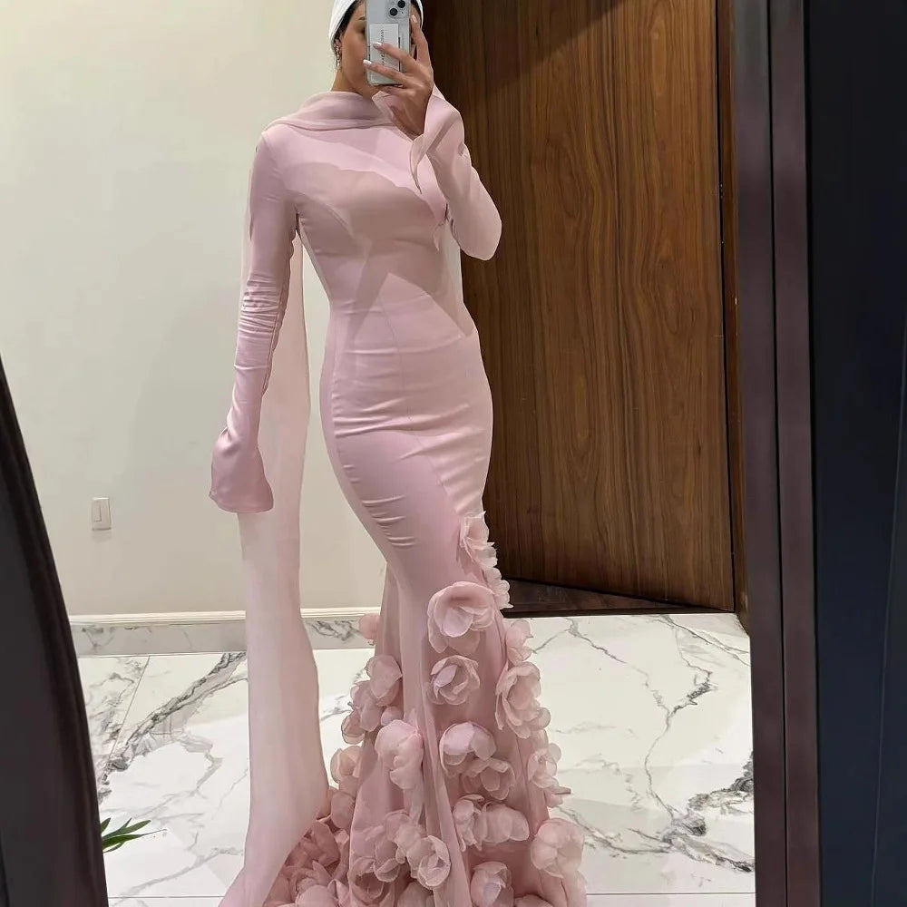 Luxury Pink 3D Flower Evening Dress Long Sleeves LA72954 - SERENE HILL