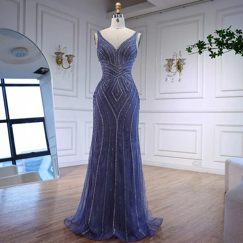 V Neck Beaded Sleeveless Mermaid Evening Dress LA73013 - SERENE HILL