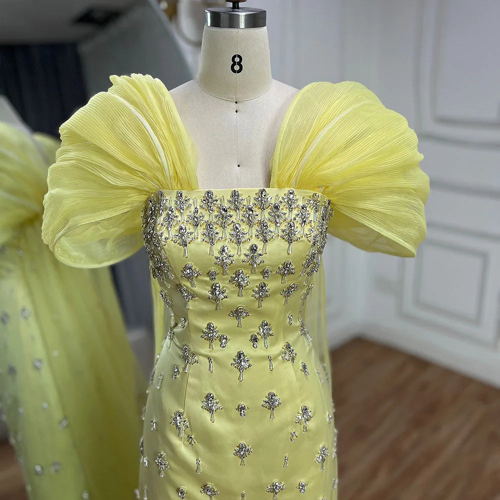 Luxury Dubai Elegant Yellow Saudi Arabic Ankle Length Evening Gown Beaded Dress for Formal Occasion LA72756 - SERENE HILL