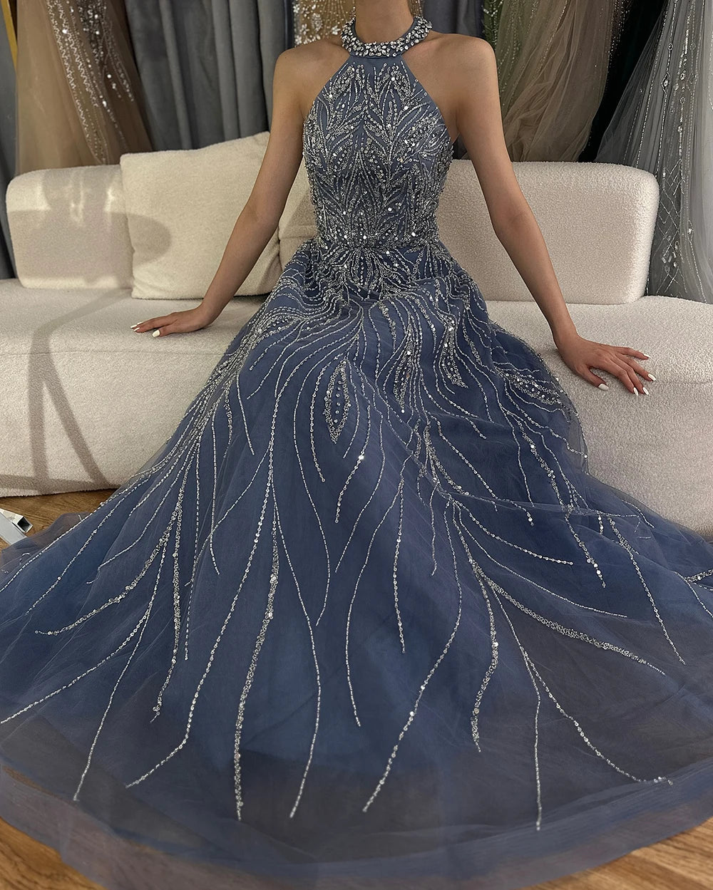 Serene Hill Elegant Blue Arabic A-line Halter Gown Luxury Dubai Evening Dress for Women Wedding Party 2025 LA72302 - SERENE HILL