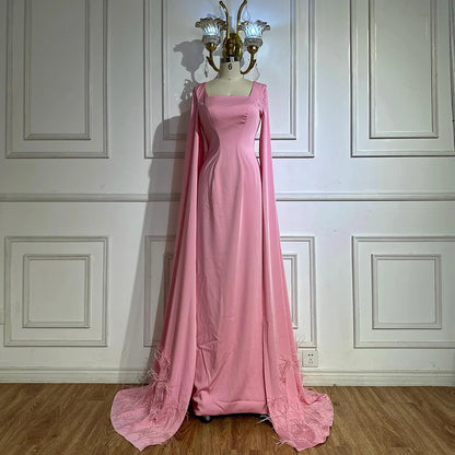 Luxury Arabic Pink Mermaid Evening Dress with Feather Cape LA72855 - SERENE HILL