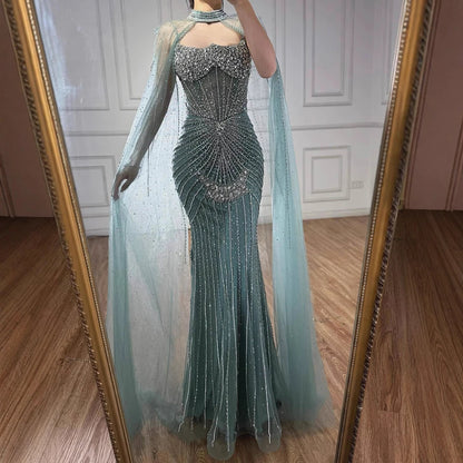 Luxury Turquoise Crystal Beaded Evening Dress with Cape LA73202 - SERENE HILL