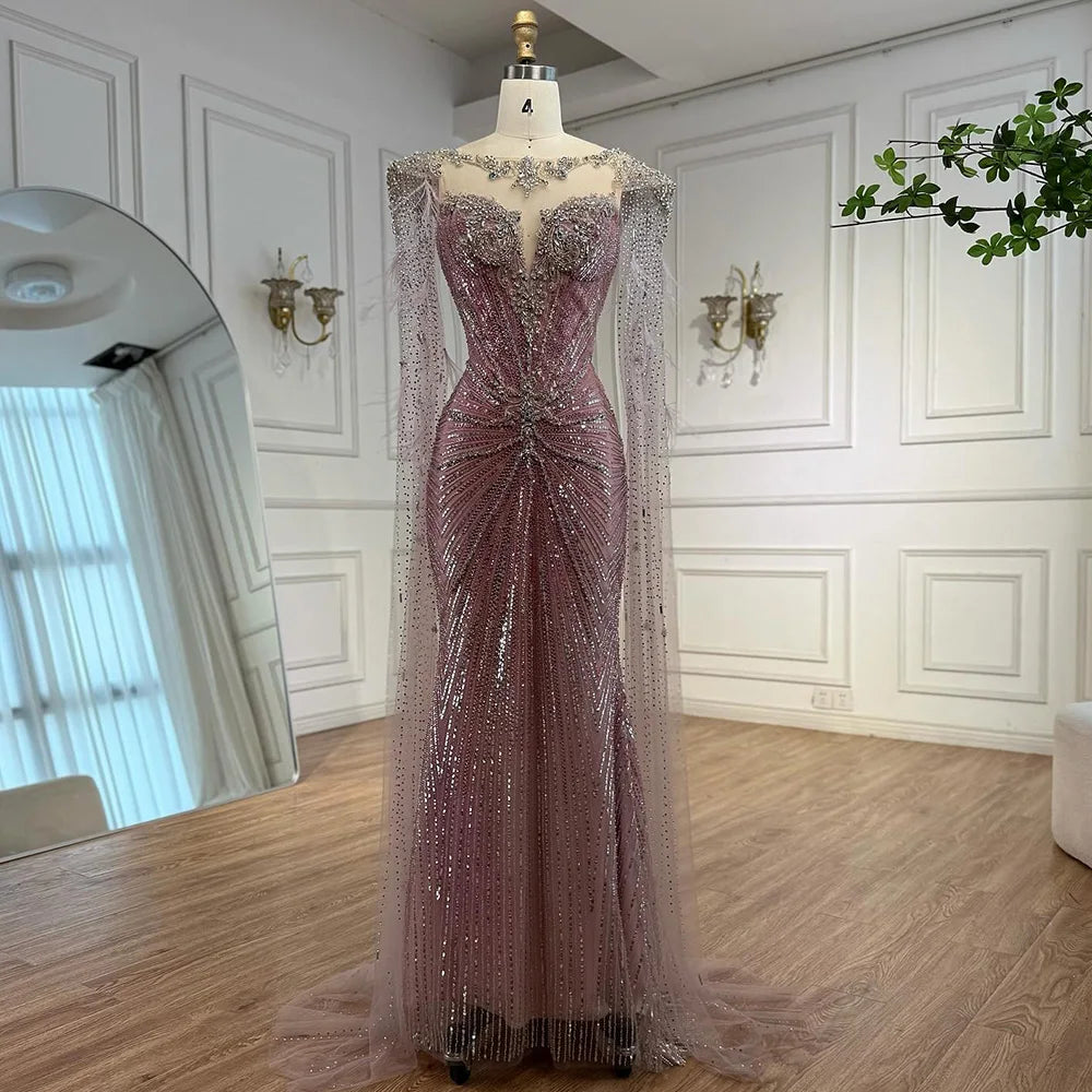 Luxury Pink Beaded Mermaid Evening Dress with Cape LA73106 - SERENE HILL
