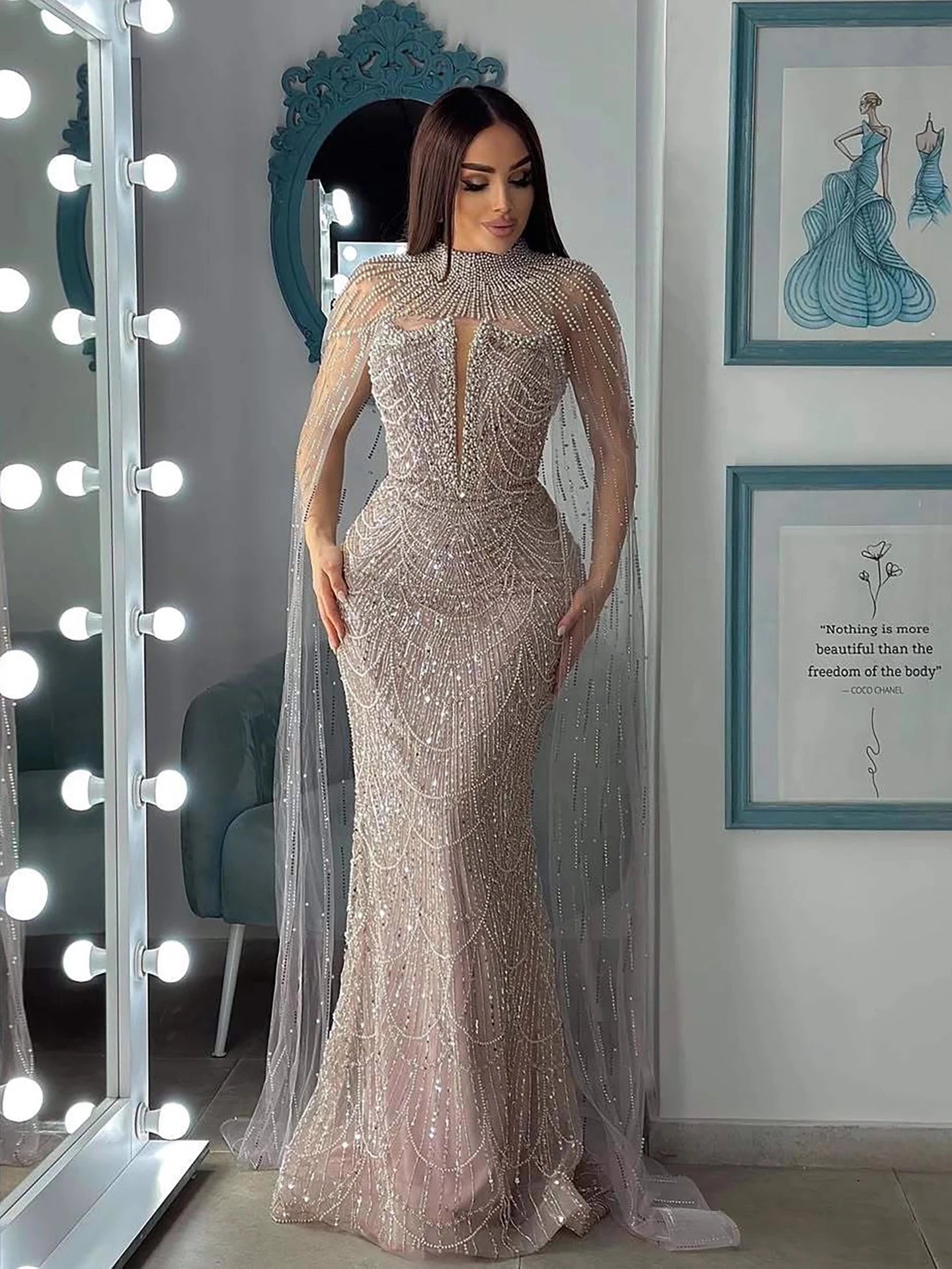 Luxury Evening Dress Nude Pearls Beaded Gown With Tulle Train LA72189A - SERENE HILL
