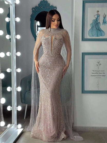 Luxury Evening Dress Nude Pearls Beaded Gown With Tulle Train LA72189A - SERENE HILL