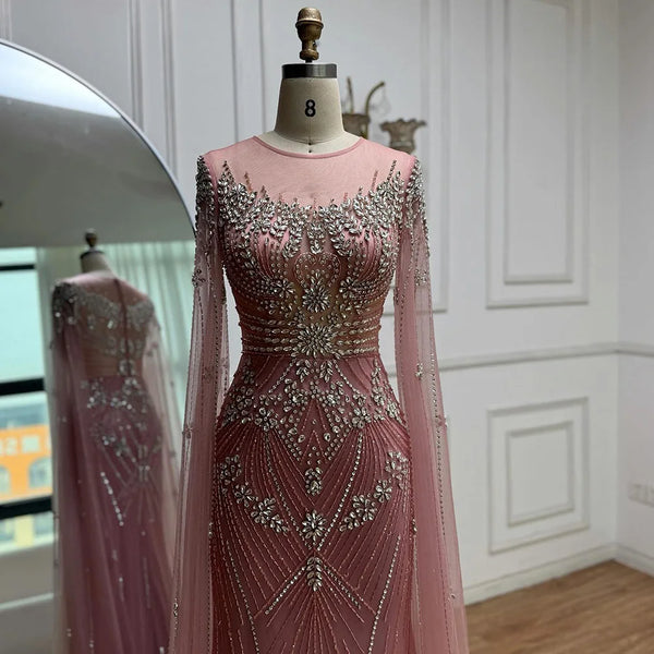 Luxury Pink Arabic Crystal Beaded Mermaid Evening Dress with Cape Sleeves LA73137