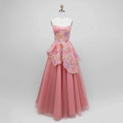 Luxury Peach Floral Appliqué A-Line Sparkly Evening Dress LA73185 - SERENE HILL