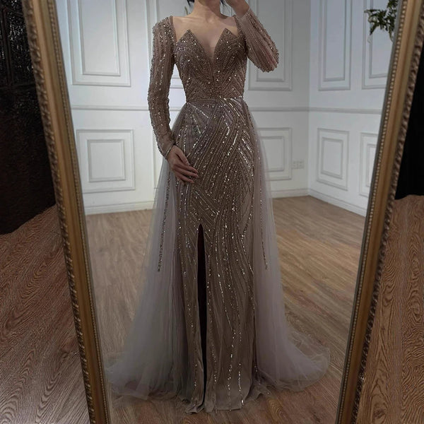 On Sale  no return no refundSerene Hill Arabic Turquoise V Neck Mermaid Beaded Sexy Open Split Evening Dresses Gowns 2025 For Women Wedding Party LA72006