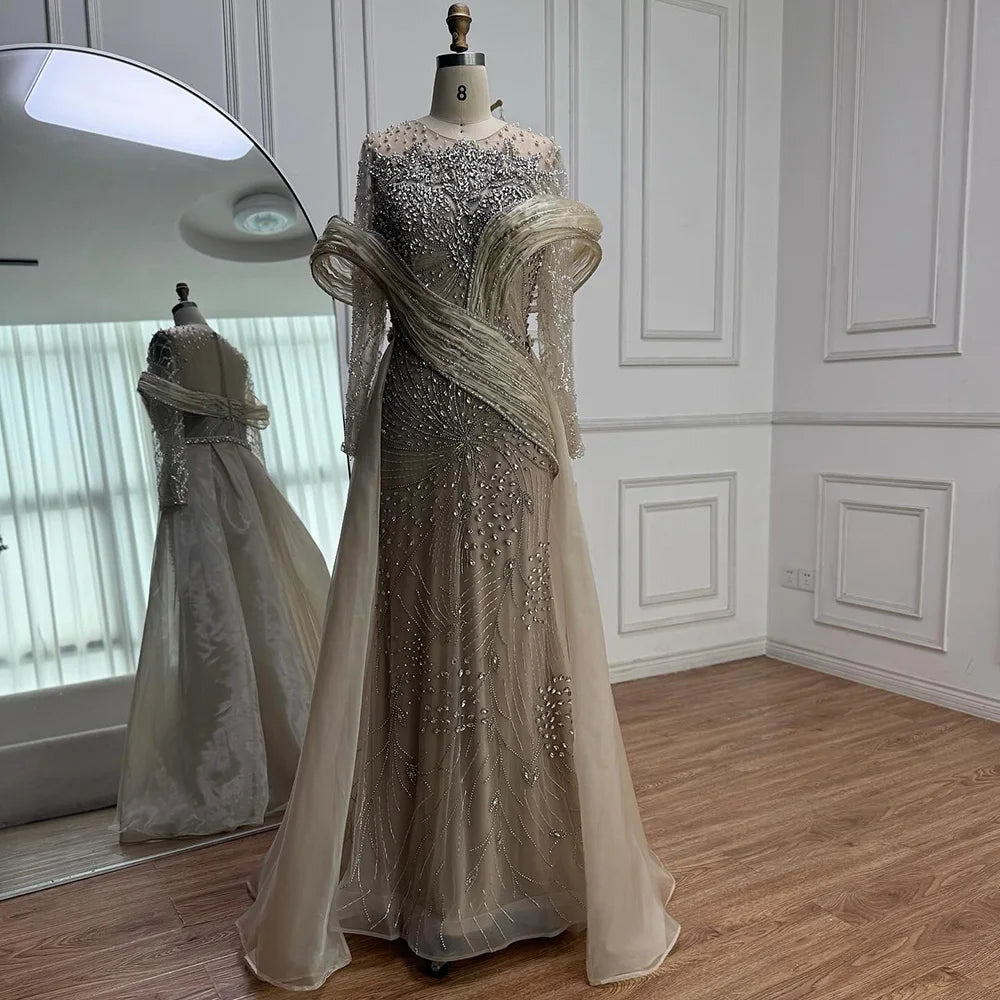 Luxury Nude Beaded Mermaid Evening Dress with Overskirt LA72932 - SERENE HILL