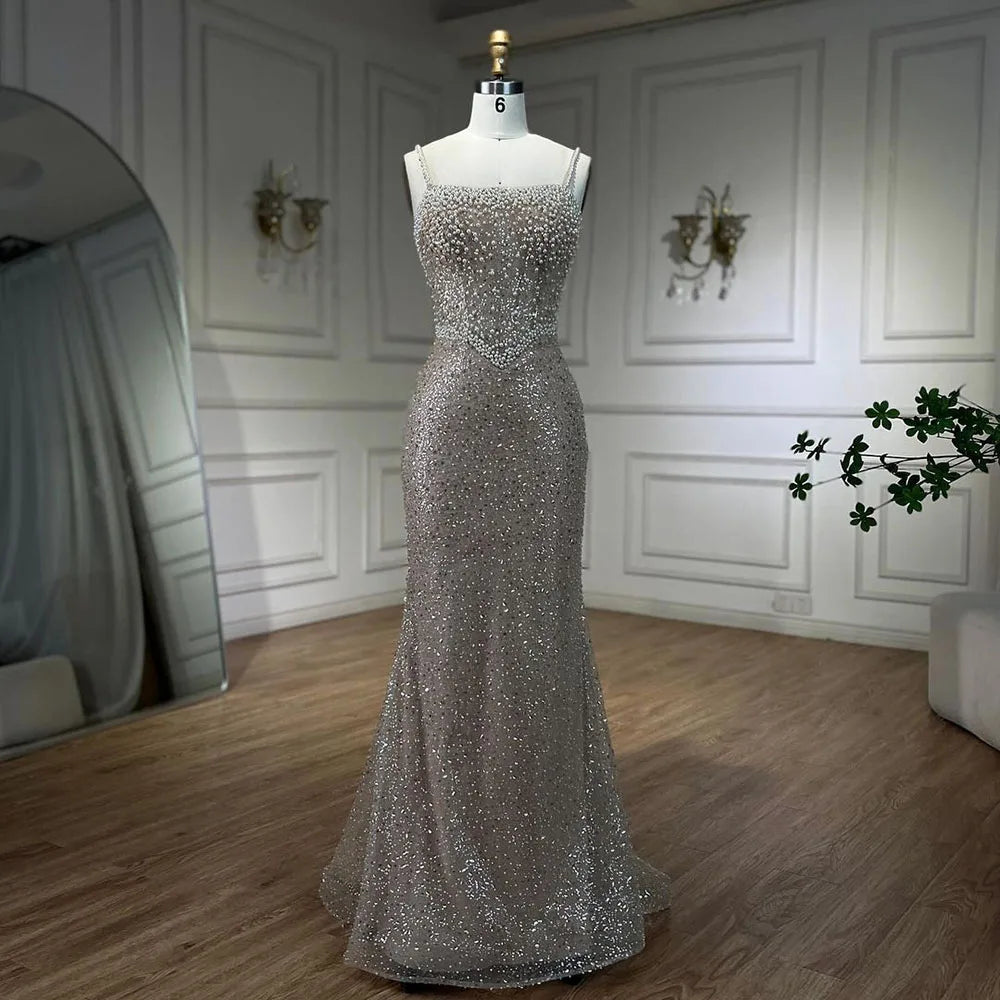 Serene Hill Nude Mermaid Evening Gown - Elegant, Luxurious, Pearls Beaded. Perfect for Women&