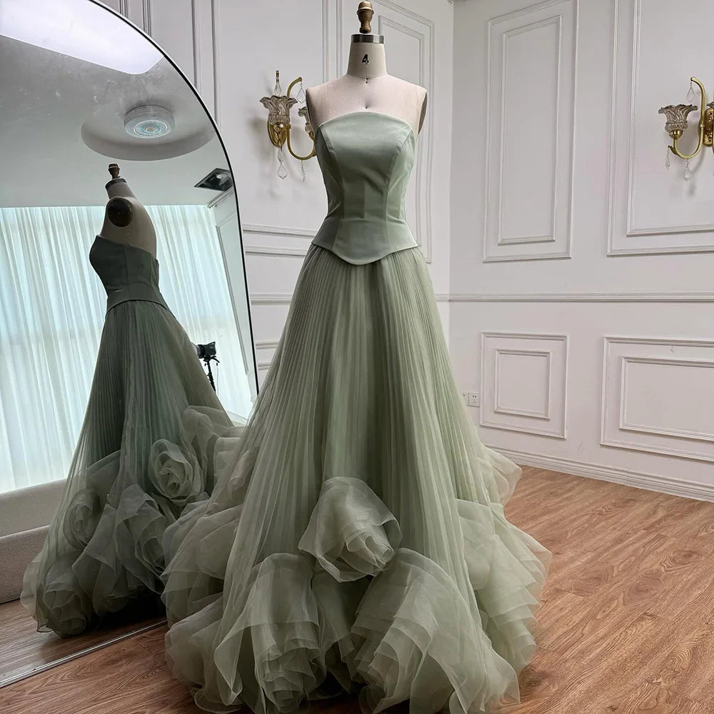 Elegant Sage Green 3D Flowers A Line Evening Dresses Gowns LA72913 - SERENE HILL