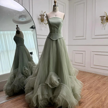 Elegant Sage Green 3D Flowers A Line Evening Dresses Gowns LA72913 - SERENE HILL