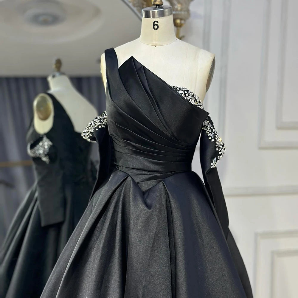 Luxury Black Satin One Shoulder Beaded A-Line Evening Dress LA72741 - SERENE HILL
