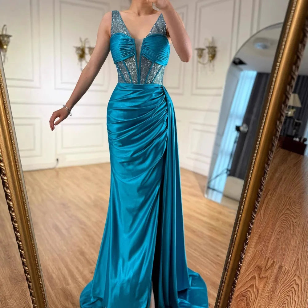 Blue Prom Dress with Side Overskirt Spaghetti Straps LA73011 - SERENE HILL