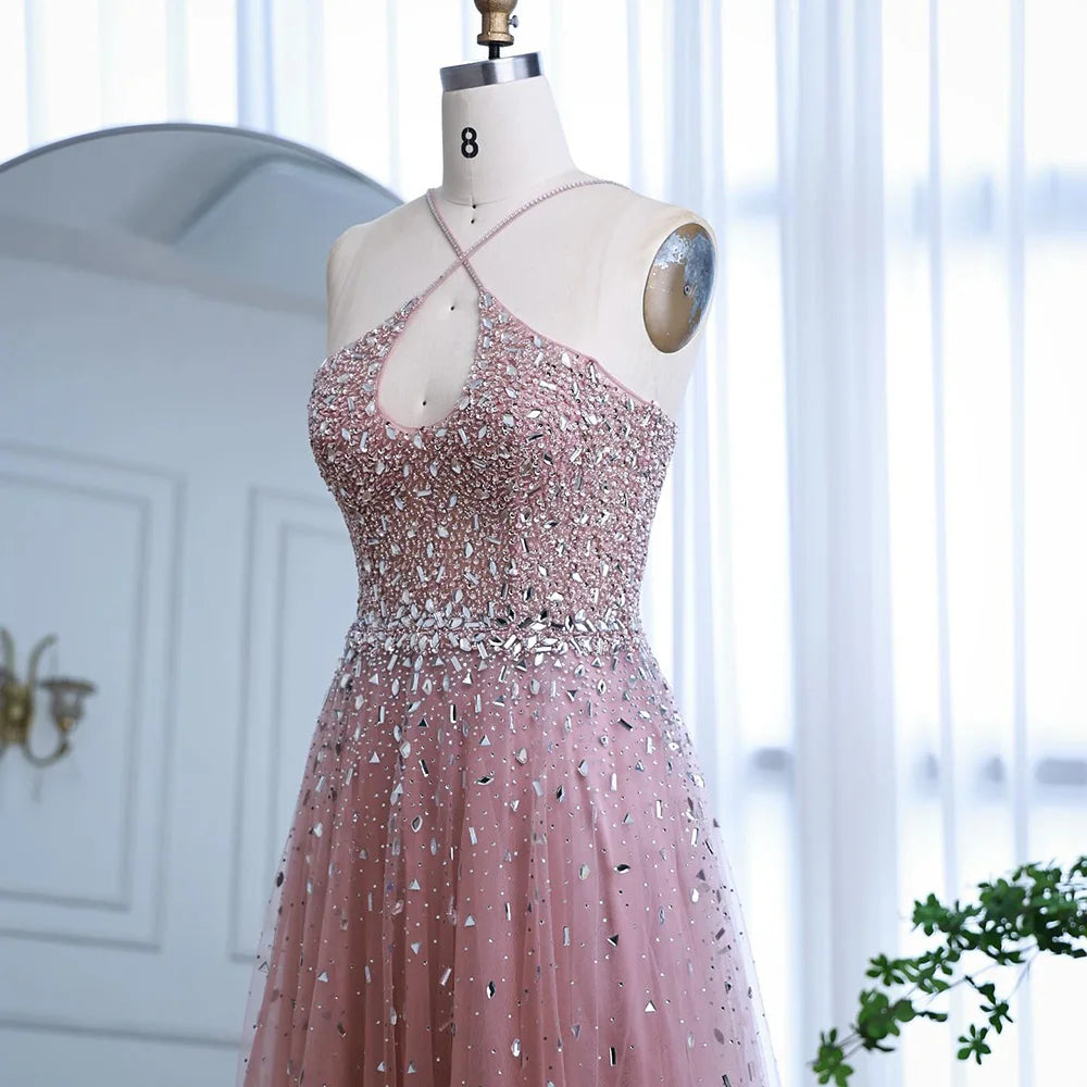 Caramel Halter Beaded Tulle A-Line Evening Gown Dubai Saudi LA72863 - SERENE HILL