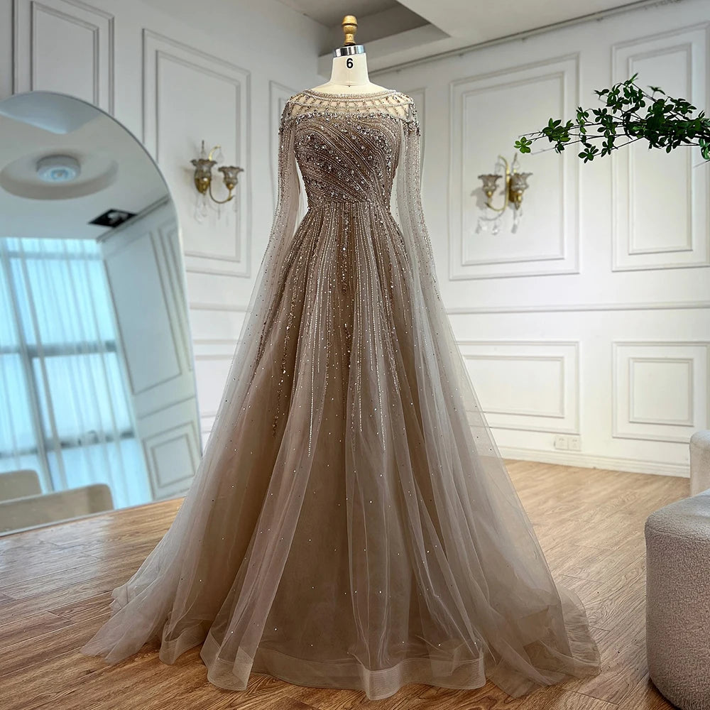 Luxury Caramel Beaded Evening Dress with Cape LA72994 - SERENE HILL