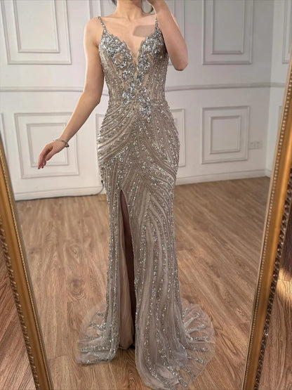 Luxury Nude Beaded High Slit Mermaid Evening Dress LA73340 - SERENE HILL