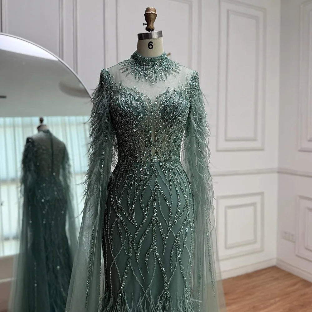 Luxury Nude Feather Beaded High Neck Formal Evening Dress for Women LA71885C - SERENE HILL