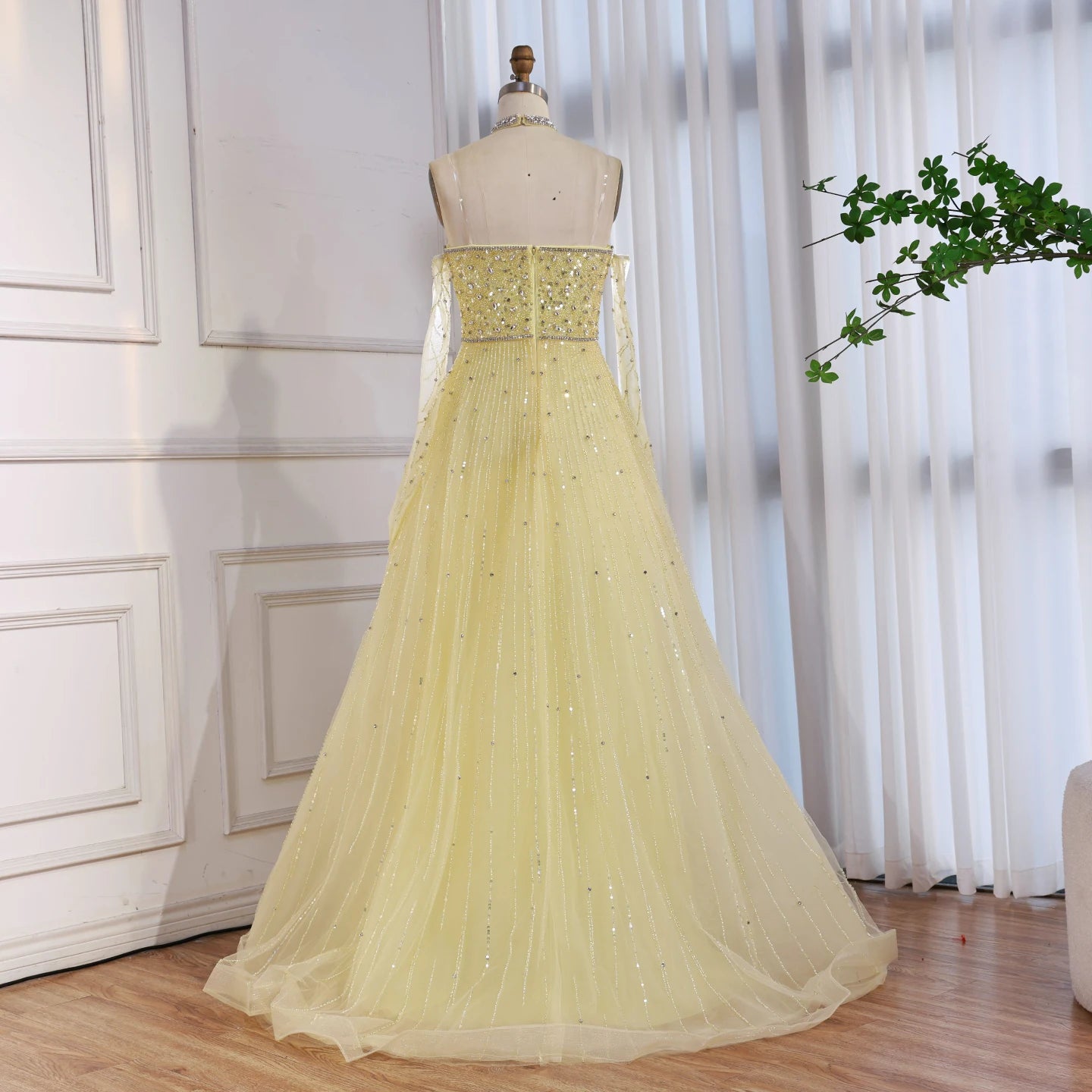 Sparkly Luxury Beaded Yellow Halter Evening Dress Gloves Saudi LA72948 - SERENE HILL