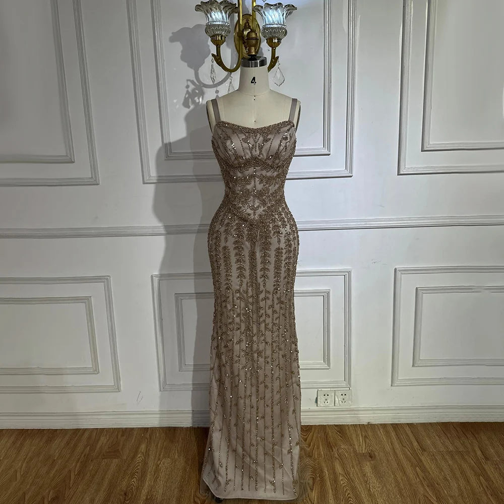Luxury Arabic Blue Spaghetti Strap Mermaid Evening Dress Beaded LA72725 - SERENE HILL