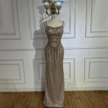 Luxury Arabic Blue Spaghetti Strap Mermaid Evening Dress Beaded LA72725 - SERENE HILL
