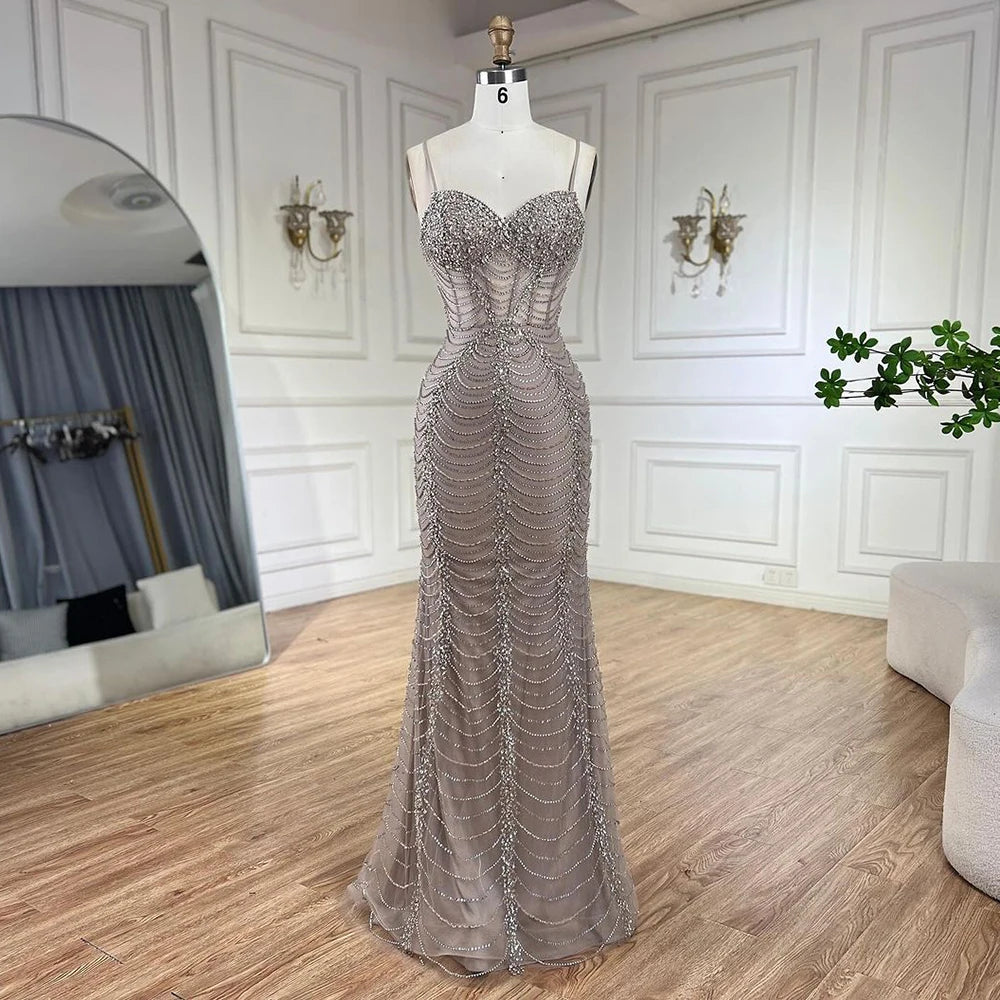 Serene Hill 2025 Arabic Caramel Spaghetti Strap Mermaid Lace-Up Evening Gown Beaded Dress for Women&