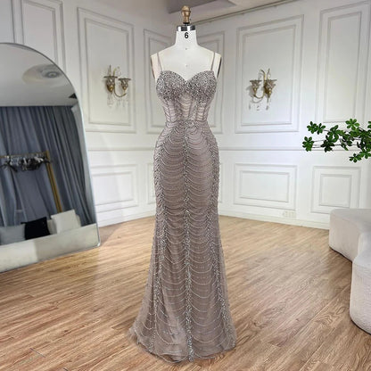 Serene Hill 2025 Arabic Caramel Spaghetti Strap Mermaid Lace-Up Evening Gown Beaded Dress for Women&