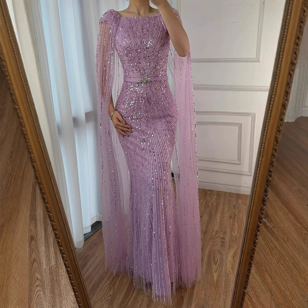 Luxury Arabic Purple Mermaid Evening Dress with Cape Sleeves LA71909 - SERENE HILL