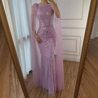 Luxury Arabic Purple Mermaid Evening Dress with Cape Sleeves LA71909 - SERENE HILL