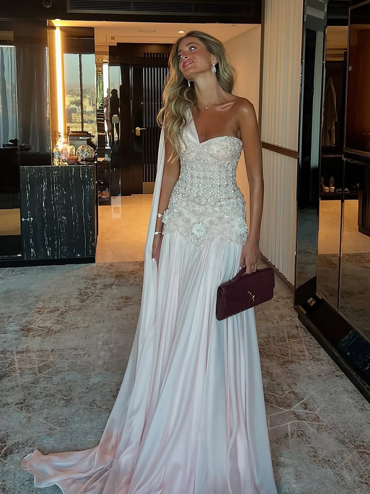 Luxury Pink Arabic Floral chiffon Evening Dress With Cape LA73451 - SERENE HILL