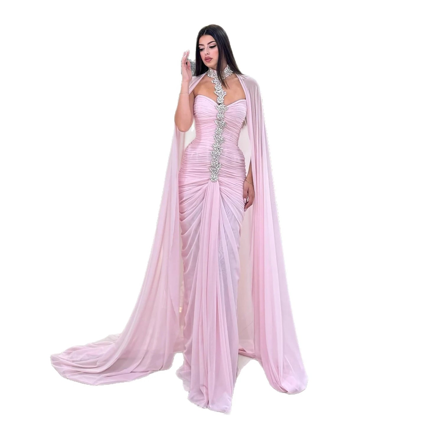 Luxury Pink Halter Crystal Beaded Evening Dress with Cape LA73374 - SERENE HILL