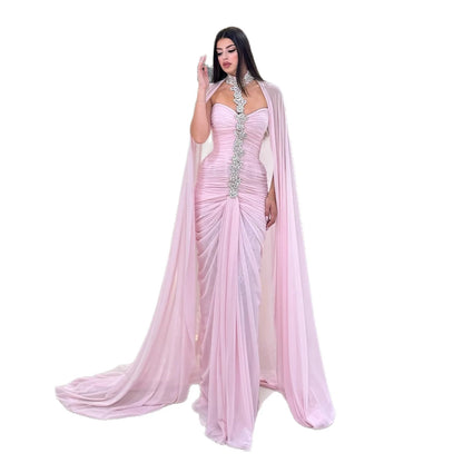 Luxury Pink Halter Crystal Beaded Evening Dress with Cape LA73374 - SERENE HILL