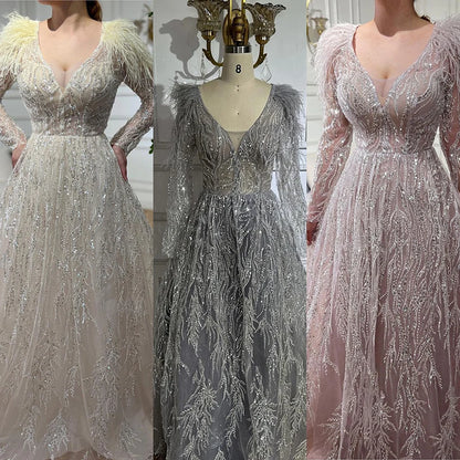 Serene Hill Muslim Beige A Line Beaded Feathers Luxury Dubai Long Evening Dresses Gowns 2025 For Women Wedding Party LA72172 - SERENE HILL