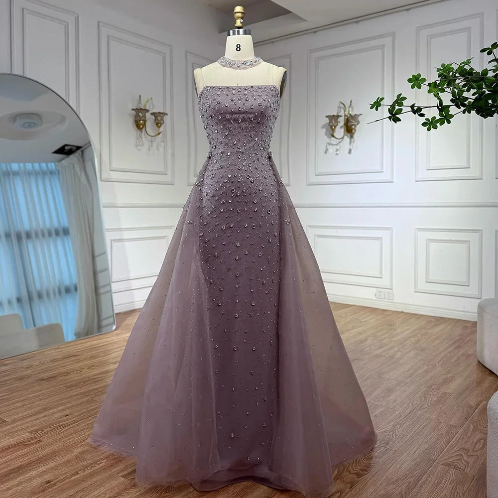 Luxury Arabic Pink Beaded Mermaid Evening Dress with Overskirt LA73084 - SERENE HILL