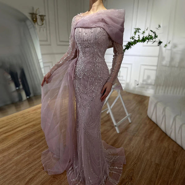 Luxury Pink Beaded Mermaid Evening Dress with Overskirt LA72348A